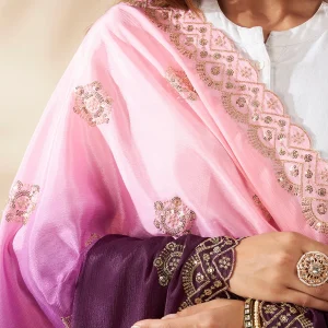 Women’s Pink Purple Chinnon Dupatta Dual Tone Embroidery Sequin Work Stole - Image 6