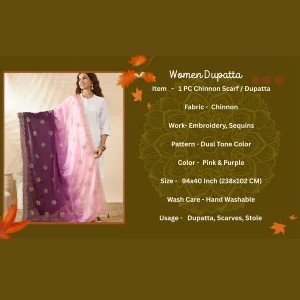 Women’s Pink Purple Chinnon Dupatta Dual Tone Embroidery Sequin Work Stole - Image 9