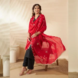 Women’s Red Georgette Dupatta with Arka Work Sequin Embroidery Scarf - Image 6