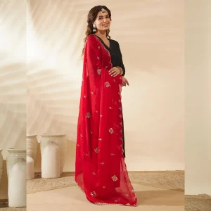 Women’s Red Georgette Dupatta with Arka Work Sequin Embroidery Scarf - Image 3