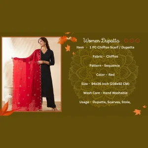 Women’s Red Georgette Dupatta with Arka Work Sequin Embroidery Scarf - Image 9