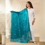Women’s Teal Green Georgette Dupatta Arka Work with Sequin Stylish Scarf - Image 2