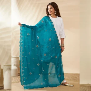 Women’s Teal Green Georgette Dupatta Arka Work with Sequin Stylish Scarf - Image 6