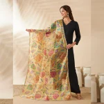 Women’s Yellow Organza Dupatta Floral Aari Embroidery Sequence Work Stole - Image 2