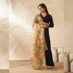 Women’s Yellow Organza Dupatta Floral Aari Embroidery Sequence Work Stole - Image 4