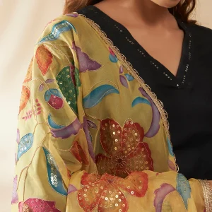 Women’s Yellow Organza Dupatta Floral Aari Embroidery Sequence Work Stole - Image 6