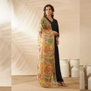 Women’s Yellow Organza Dupatta Floral Aari Embroidery Sequence Work Stole - Image 3