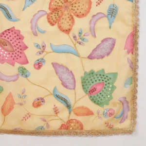Women’s Yellow Organza Dupatta Floral Aari Embroidery Sequence Work Stole - Image 7