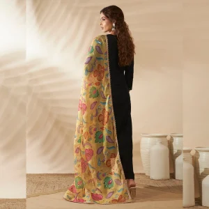 Women’s Yellow Organza Dupatta Floral Aari Embroidery Sequence Work Stole - Image 5