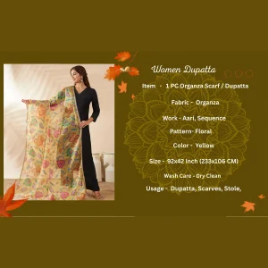 Women’s Yellow Organza Dupatta Floral Aari Embroidery Sequence Work Stole - Image 8
