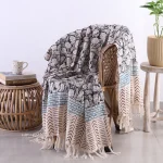 Beige And Black Boho Floral Hand Block Print Cotton Sofa Throw