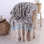 Beige And Black Boho Floral Hand Block Print Cotton Sofa Throw - Image 2