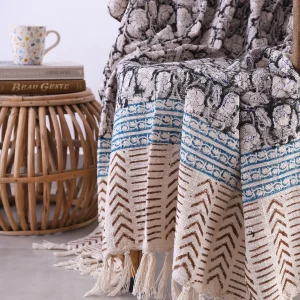 Beige And Black Boho Floral Hand Block Print Cotton Sofa Throw - Image 4