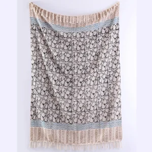 Beige And Black Boho Floral Hand Block Print Cotton Sofa Throw - Image 3