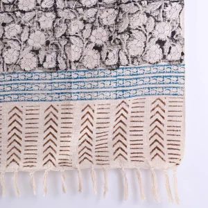 Beige And Black Boho Floral Hand Block Print Cotton Sofa Throw - Image 5