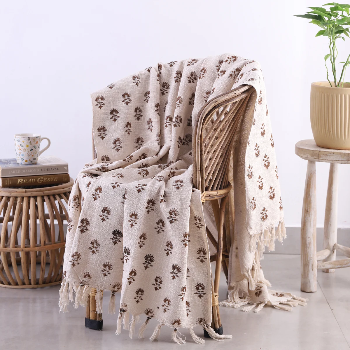beige-brown-floral-hand-block-print-throw-blanket WT-269 (1)