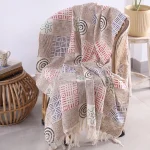 Beige Hand Block Print Cotton Throw Blanket with Tassels - Image 2