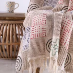 Beige Hand Block Print Cotton Throw Blanket with Tassels - Image 3