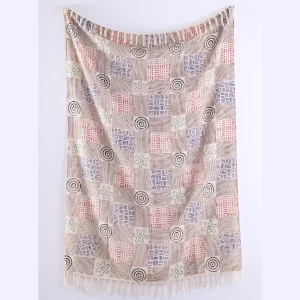 Beige Hand Block Print Cotton Throw Blanket with Tassels - Image 4
