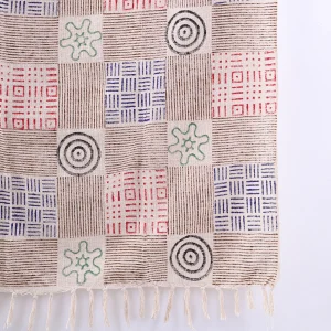 Beige Hand Block Print Cotton Throw Blanket with Tassels - Image 5