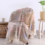 Beige Hand Block Print Cotton Throw Blanket with Tassels