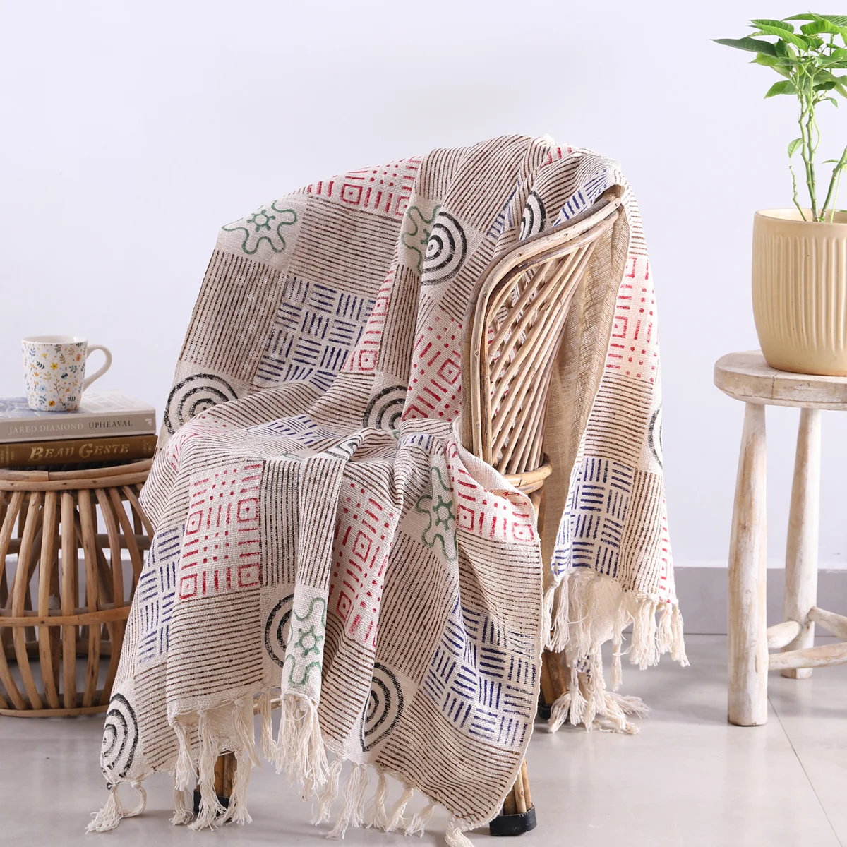 beige-hand-block-print-cotton-throw-blanket-with-tassels WT-267 (5)