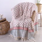 Beige & Red Floral Hand Block Print Throw For Home Decor - Image 2