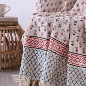 Beige & Red Floral Hand Block Print Throw For Home Decor - Image 4