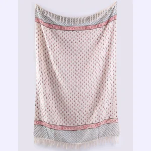 Beige & Red Floral Hand Block Print Throw For Home Decor - Image 3