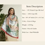 Designer Style Peacock Garden Scarf Green & Beige Crepe Silk Wrap Women's - Image 8