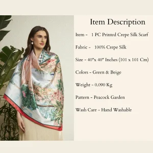 Designer Style Peacock Garden Scarf Green & Beige Crepe Silk Wrap Women's - Image 8