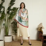 Designer Style Peacock Garden Scarf Green & Beige Crepe Silk Wrap Women's - Image 6