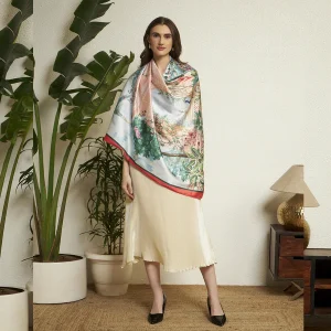 Designer Style Peacock Garden Scarf Green & Beige Crepe Silk Wrap Women's - Image 6