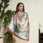 Designer Style Peacock Garden Scarf Green & Beige Crepe Silk Wrap Women's - Image 3