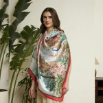 Designer Style Peacock Garden Scarf Green & Beige Crepe Silk Wrap Women's - Image 2
