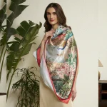 Designer Style Peacock Garden Scarf Green & Beige Crepe Silk Wrap Women's