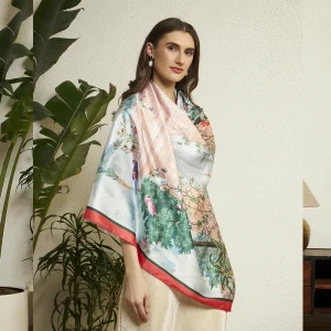 Designer Style Peacock Garden Scarf Green & Beige Crepe Silk Wrap Women's - Image 5
