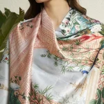 Designer Style Peacock Garden Scarf Green & Beige Crepe Silk Wrap Women's - Image 4
