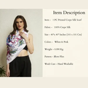 Elegant Floral Silk Scarf White and Pink Printed Crepe Silk Wrap for Women - Image 10