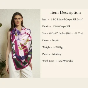 Elegant Monkey Print Silk Scarf Purple Crepe Silk Designer Wrap for Women's - Image 10