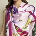 Elegant Monkey Print Silk Scarf Purple Crepe Silk Designer Wrap for Women's - Image 8