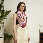 Fashionable Forest Print Silk Scarf Peach & Brown Crepe Silk Wrap for Women - Image 4