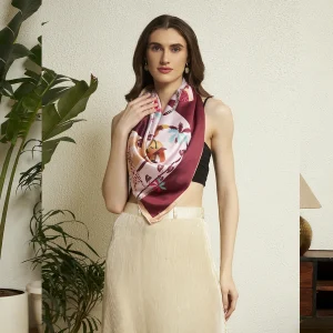 Fashionable Forest Print Silk Scarf Peach & Brown Crepe Silk Wrap for Women - Image 3