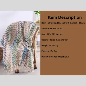 Hand Block Print Zig Zag Cotton Throw Blanket - Image 6
