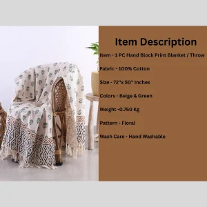 Handmade Decorative Couch Blanket Hand Block Floral Print Throw - Image 6