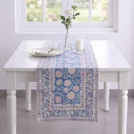 Indian Hand Block Print Floral Table Runner Blue White Cotton Linen - Image 2