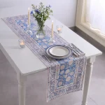 Indian Hand Block Print Floral Table Runner Blue White Cotton Linen
