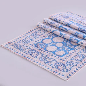 Indian Hand Block Print Floral Table Runner Blue White Cotton Linen - Image 3
