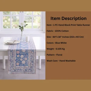 Indian Hand Block Print Floral Table Runner Blue White Cotton Linen - Image 6