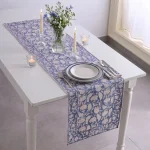 Luxury Blue White Floral Hand Block Print Cotton Table Runner
